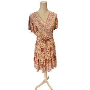 Women's Boho V-Neck Floral Wrap Midi Dress Multicolor Size L